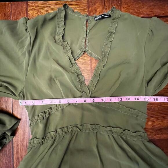 SHEIN Casual Vcay Frill Trim Flare Sleeve Ruffle Hem Dress Army Green Large Boho - Picture 9 of 15